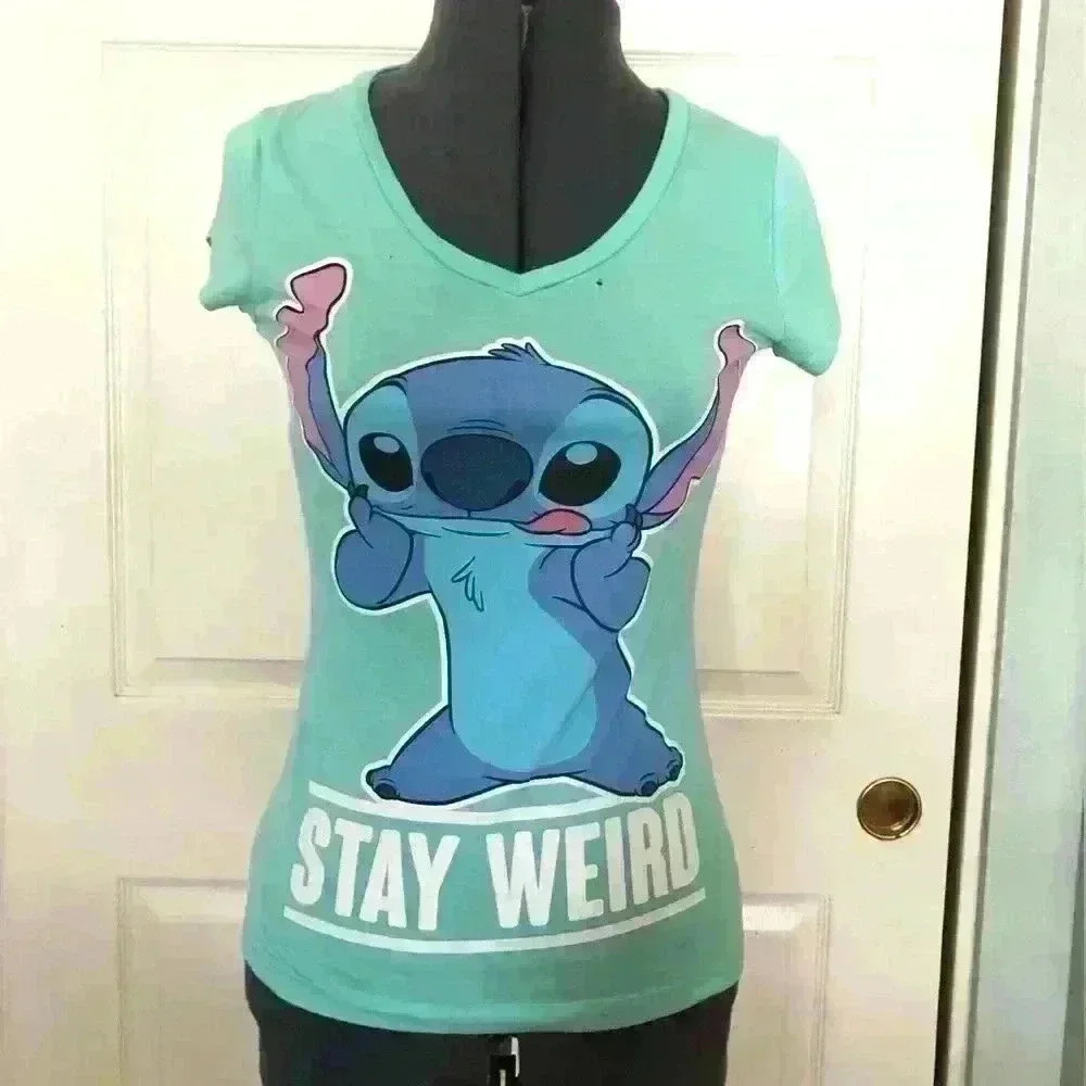 Disney teal lilo and stitch v-neck short sleeve tank top t-shirt juniors small